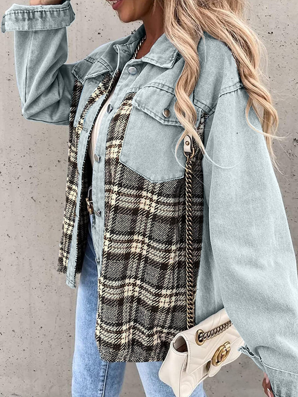 Denim jack met lange mouwen en geruite knopen