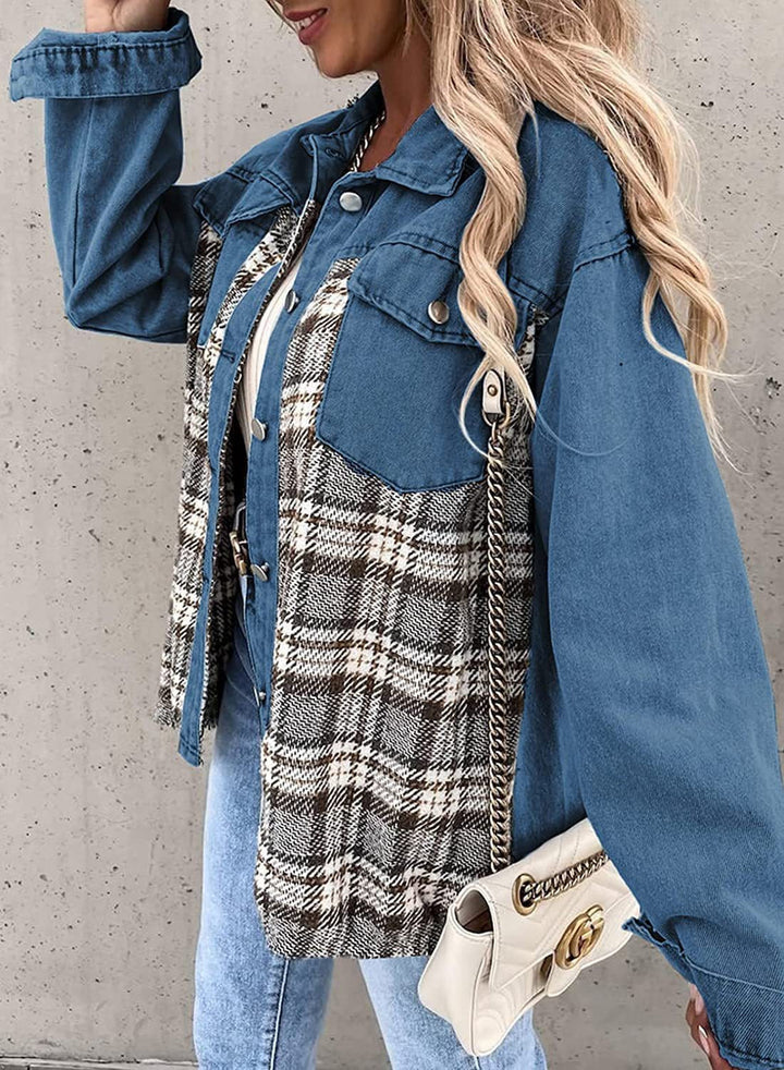Denim jack met lange mouwen en geruite knopen