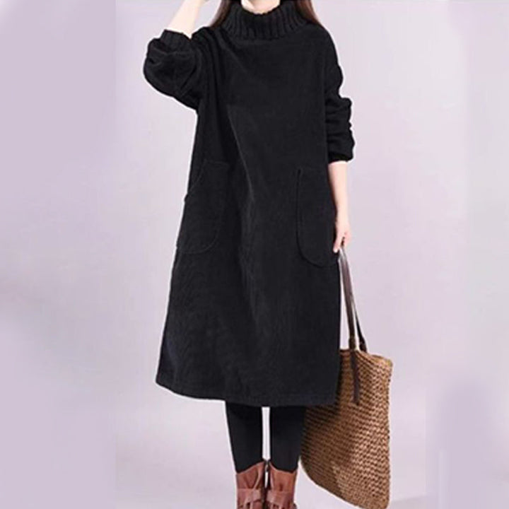 Hoge hals, losse corduroy maxi-jurk voor dames