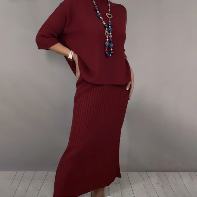 ✨ Tijdloze elegantie voor de feestdagen – Gebreide trui & midi-rok set | Kerst Early Bird Deal – 50% korting voor korte tijd